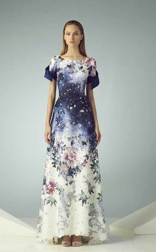 Beside Couture - BC1235 Floral Bowed Short Sleeves Dress in Blue and Multi-Color