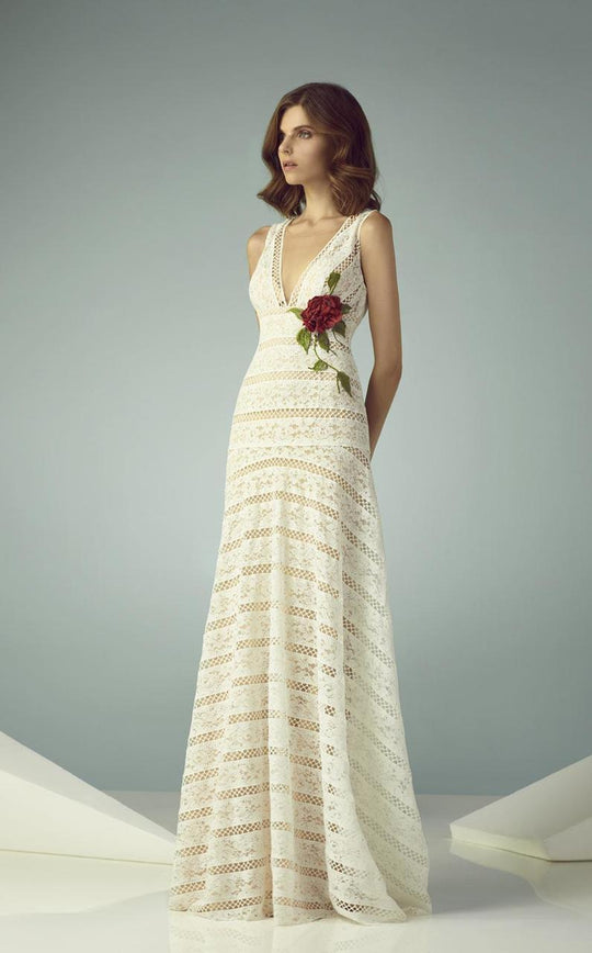 Beside Couture - BC1238 Lined A Line Dress with Floral Accent in White