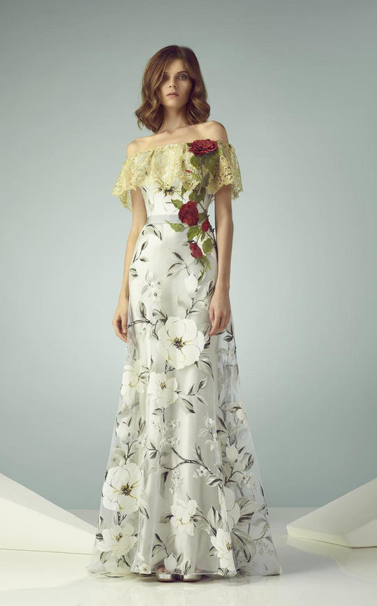 Beside Couture - BC1239 Floral Off Shoulder Evening Gown in Silver