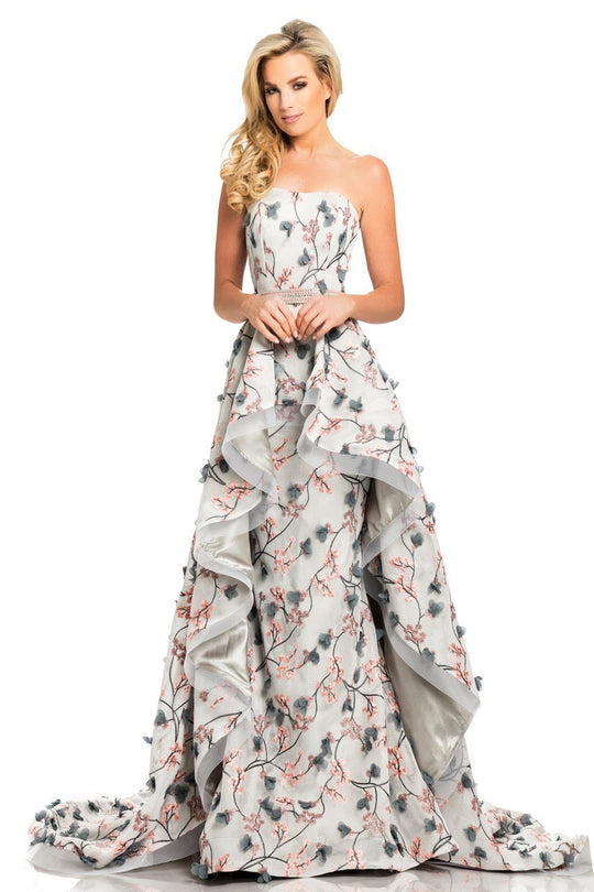 Johnathan Kayne - 8047 Strapless Floral Embroidered Mesh Prom Gown In Gray and Orange