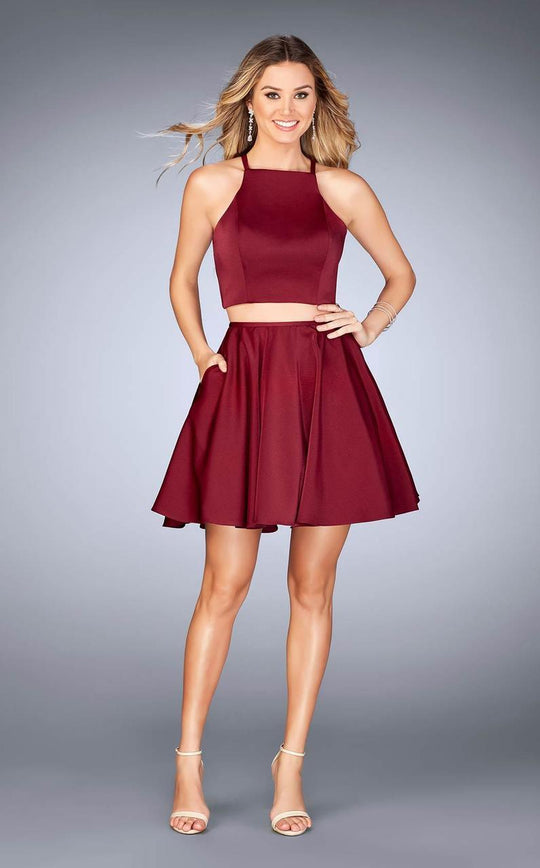 La Femme - 25114 Two Piece Halter Ruched Cocktail Dress in Red