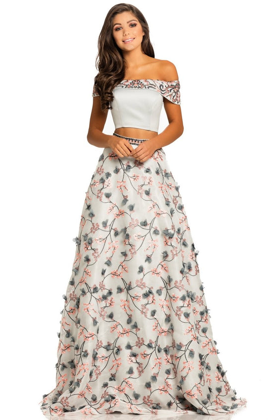 Johnathan Kayne - 8048 Two Piece Off Shoulder A-line Dress In Gray and Orange