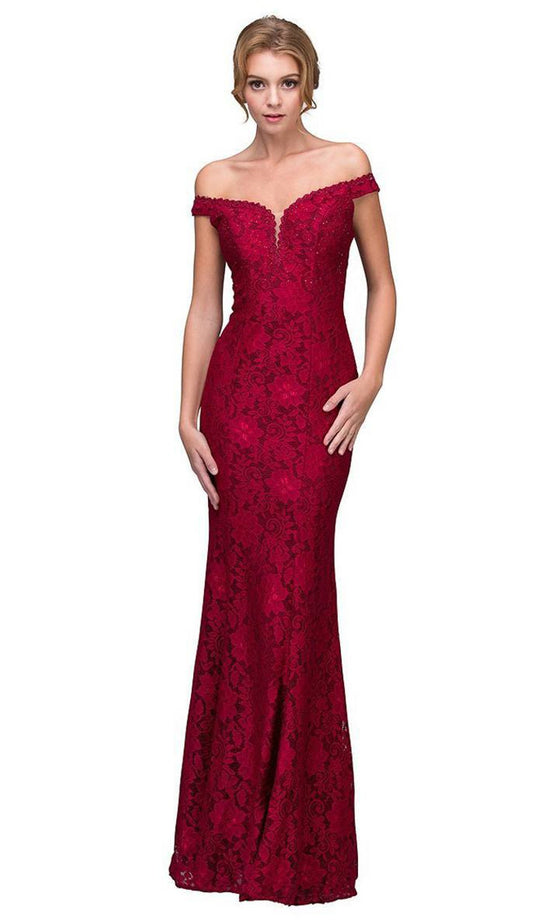 Eureka Fashion - 8050 Lace Jersey Off-Shoulder Trumpet Dress in Red