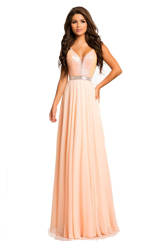 Johnathan Kayne - 8050 Sequined Plunging Chiffon Gown in Orange
