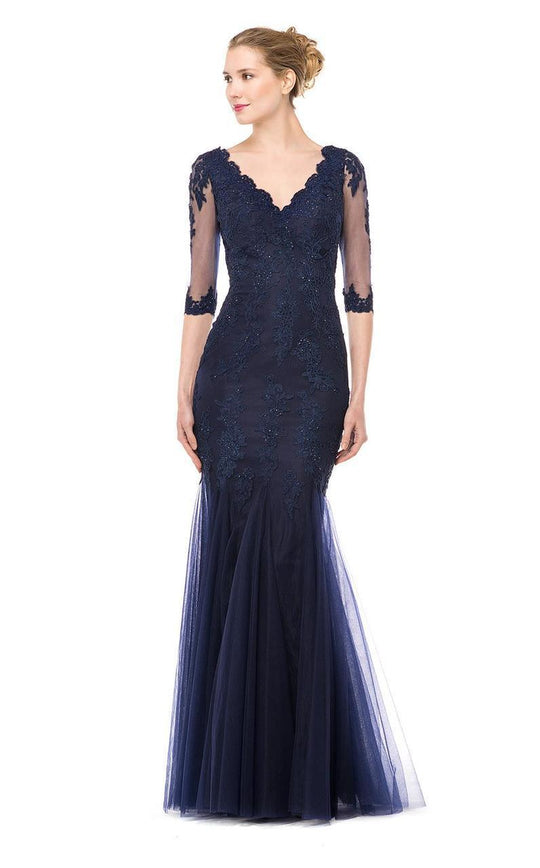 Marsoni by Colors - M162-1 Quarter Sleeved Lace Beaded Evening Gown In Navy