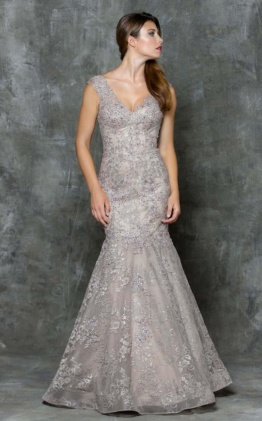 Marsoni by Colors - M171 Lace V-neck Mermaid Dress in Brown and Gray