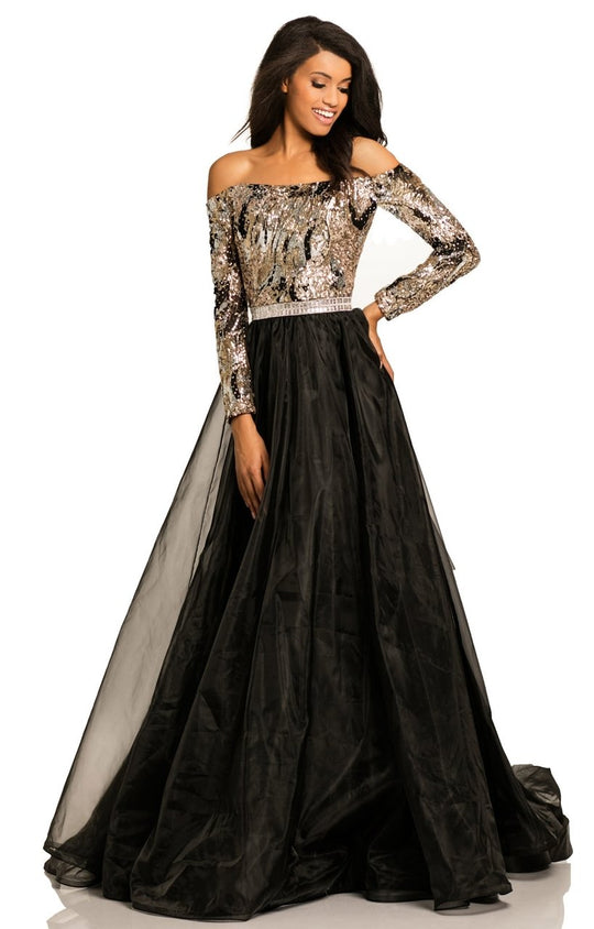 Johnathan Kayne - 8052 Bejeweled Off Shoulder Ballgown In Black and Gold
