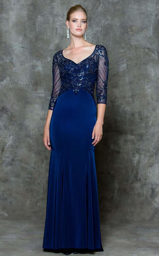 Marsoni by Colors - M175 Refined V-Neck Illusion Gown in Blue