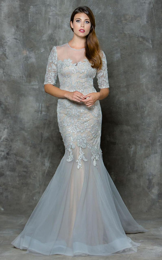 Marsoni by Colors - Adorned Illusion Cutout Mermaid Gown in Gray