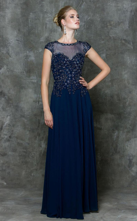 Marsoni by Colors Beaded Illusion A-Line Gown M181 - 1 pc Navy In Size 14 Available in Navy