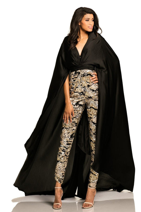 Johnathan Kayne - 8053  Cape Sleeve Metallic Sequin Jumpsuit in Black and Gold