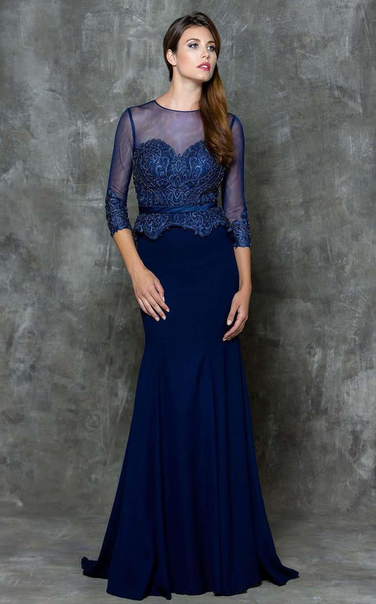 Marsoni by Colors - M185 Beaded Sheer Quarter Length Sleeves Dress in Blue