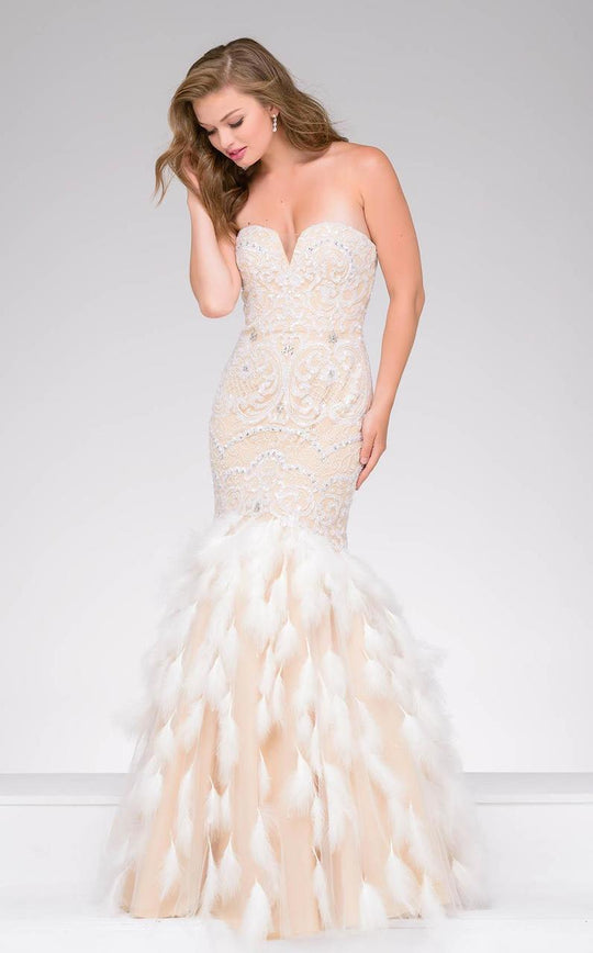 49125 Beaded Sweetheart Feathered Mermaid Gown