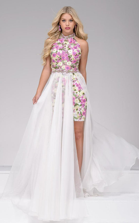 49386 Haltered Floral High Low Dress