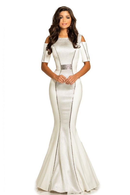 Johnathan Kayne - 8058 Short Sleeved Metallic Mermaid Gown in White and Silver