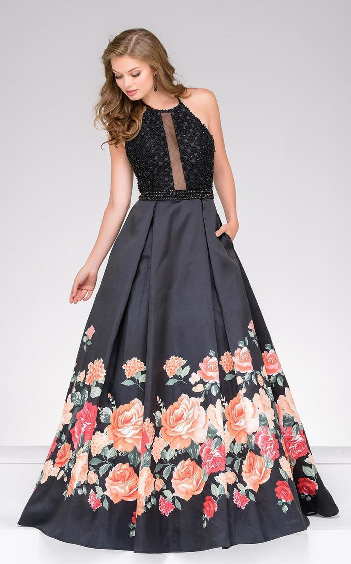 47020 Halter Illusion Floral Patterned Gown