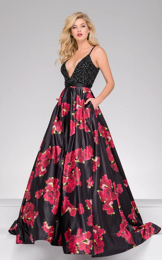 47419 Floral Deep V-neck A-line Dress