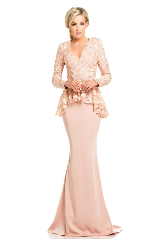 Johnathan Kayne - 8064 Embroidered V-neck Trumpet Dress in Blush