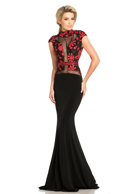Johnathan Kayne - 8065 Cap Sleeve High Neck Embroidered Mesh Gown In Black and Red