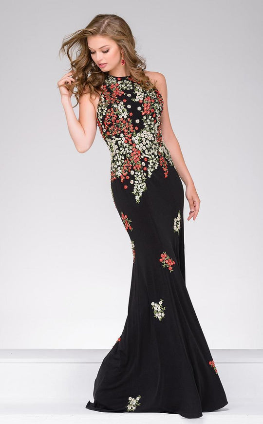 48104 Embroidered Halter Sheath Dress