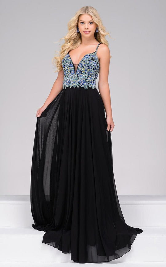 Jovani - 48128 Beaded V-neck Mesh A-line Dress in Black and Multi-Color