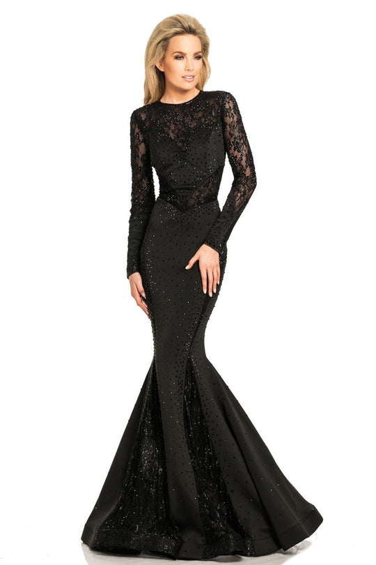 Johnathan Kayne - 8068 Lace Long Sleeves Mermaid Gown in Black