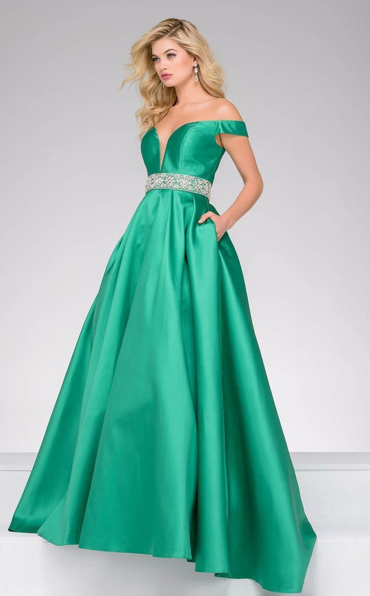 48783 Plunging Off-Shoulder Satin Gown
