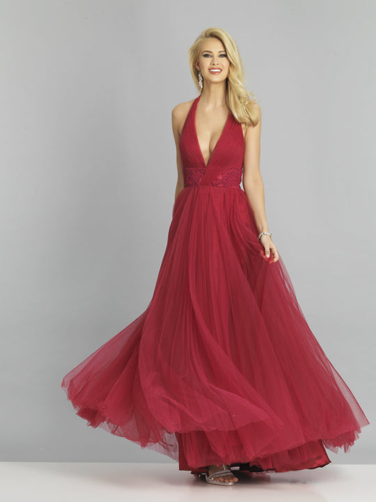 Dave & Johnny - A8069 Plunging Halter Pin-Tucked A-Line Gown In Red