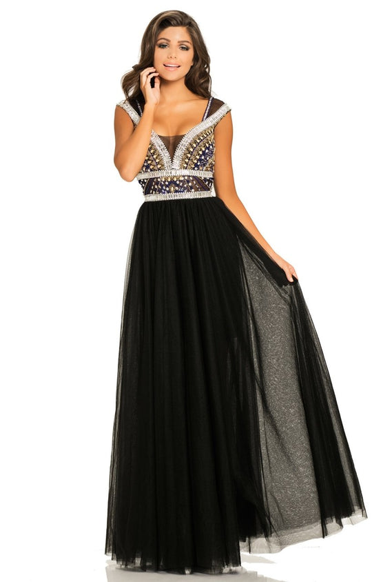 Johnathan Kayne - 8069 Embellished Deep V-neck A-line Dress In Black