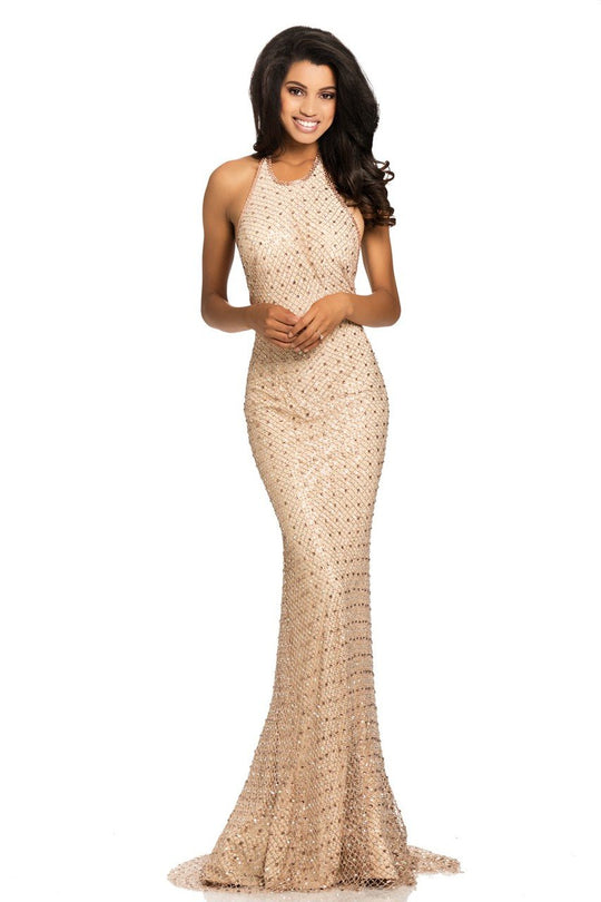 Johnathan Kayne - 8070 Halter Crystal Embellished Evening Gown in Gold