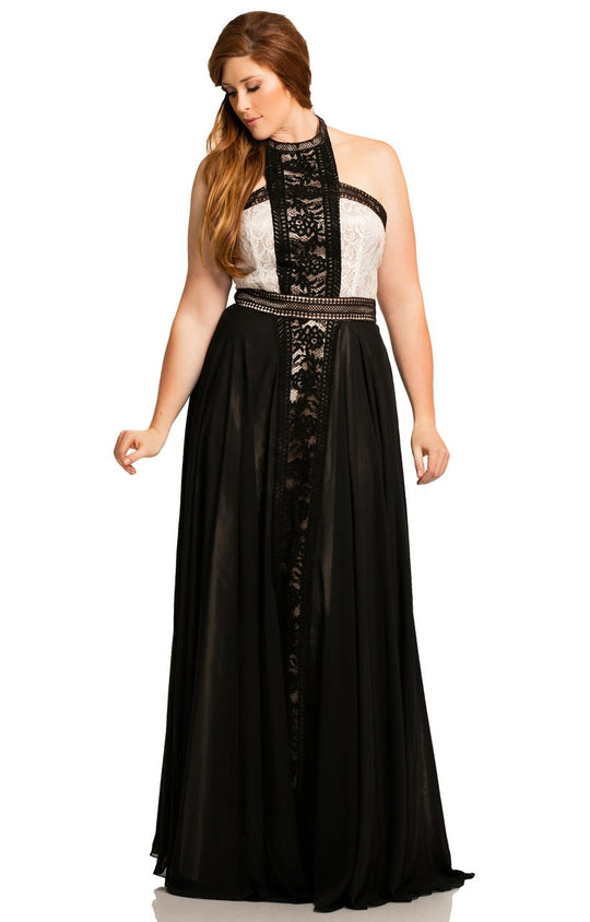 Johnathan Kayne - 8073K Halter Lace Chiffon Dress In Black and Neutral