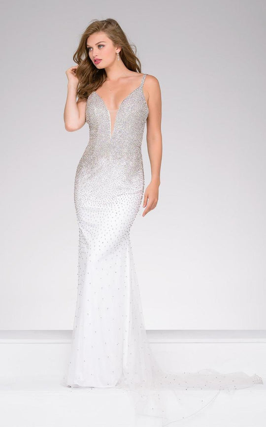 42700 Embellished Deep V-neck Trumpet Dress
