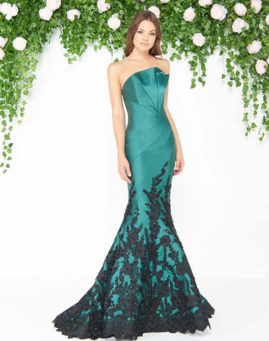 Mac Duggal - 80761D Floral Lace Pleated Mermaid Dress In Green and Black