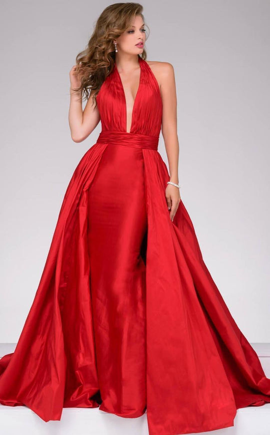 Jovani - Halter Style Plunging Gown with Overskirt 42843A in Red