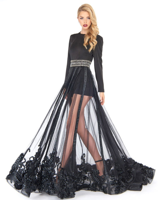 Mac Duggal - 80773R Long Sleeved Gown with Illusion Overskirt In Black