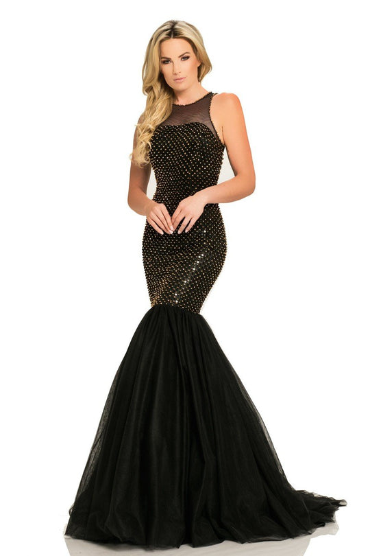 Johnathan Kayne - 8077 Sleeveless Studded Illusion Mermaid Gown In Black and Gold