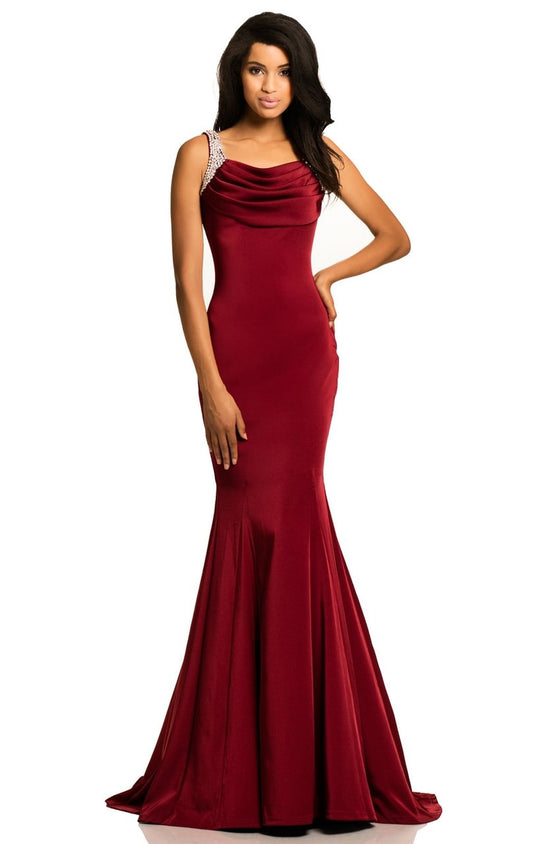 Johnathan Kayne - 8079 Bedazzled Cowl Mermaid Dress In Red