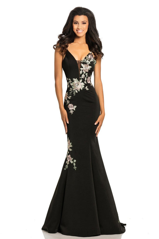 Johnathan Kayne - 8082 Deep V-Neck Floral Embroidered Evening Gown In Black