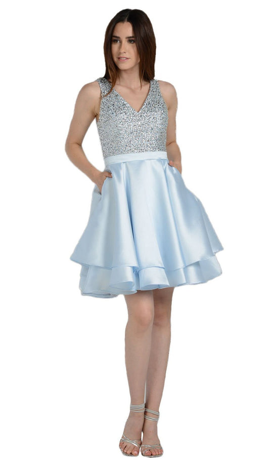 Poly USA - 8084 Metallic Beaded Bodice Mikado A-Line Dress in L. Blue