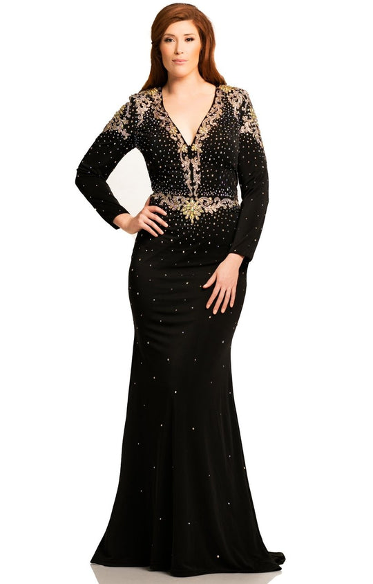 Johnathan Kayne - 8085K Deep V-Neck Long Sleeved Fitted Gown In Black and Gold