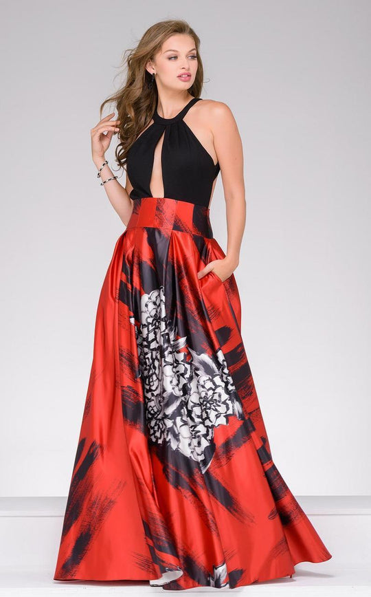 36562A Printed Abstract A Line Floral Evening Gown