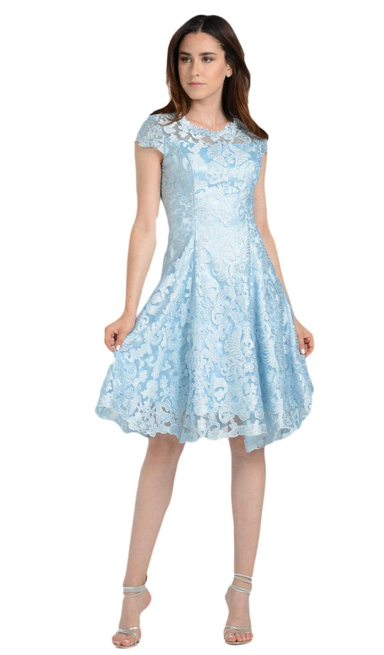 Poly USA - 8090 Jewel Lace A-Line Cocktail Dress in Blue