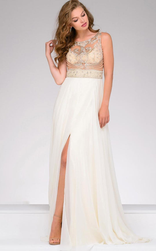 36980A Sheer Embellished A Line Gown with Slit