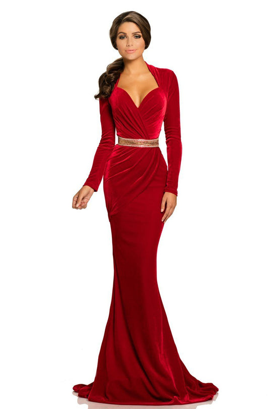 Johnathan Kayne - 8092 Queen Anne Neckline Velvet Gown in Red