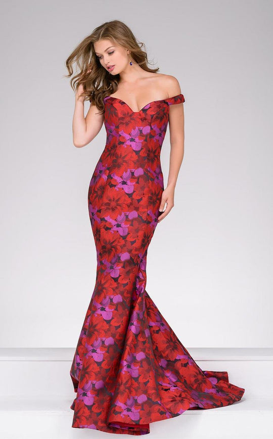 40718A Off Shoulder Floral Print Jacquard Dress