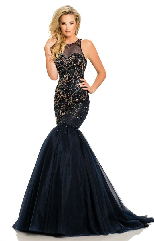 Johnathan Kayne - 8095 Sleeveless Scroll Motif Illusion Mermaid Gown In Blue