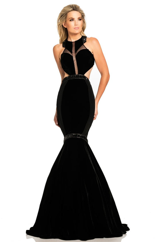 Johnathan Kayne - 8096 Fitted Halter Velvet Mermaid Gown In Black
