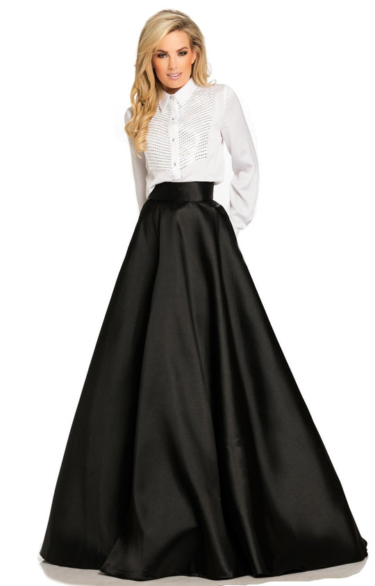 Johnathan Kayne - 8097 Long Sleeve Charmeuse Taffeta Dress In White and Black