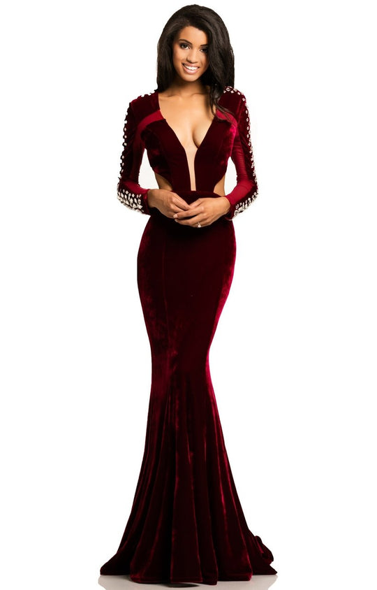 Johnathan Kayne - 8098 Plunging Velvet Long Sleeves Fitted Gown In Red