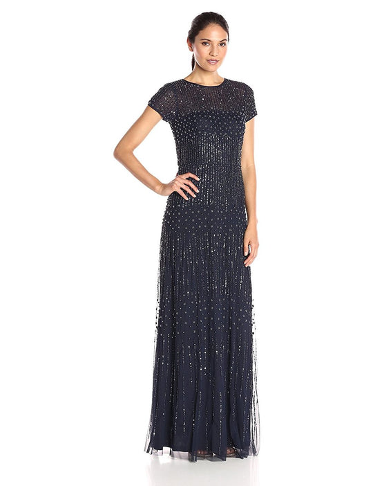 Adrianna Papell - Embellished Jewel Neck Sheath Dress 91918060 in Blue